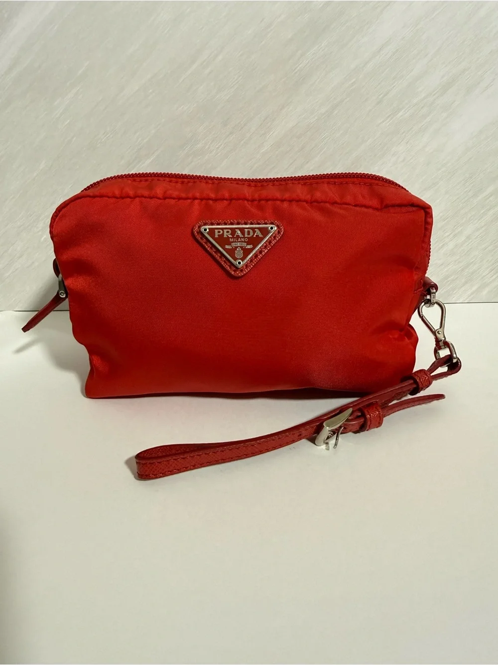 PRADA Rosso Red Tessuto Nylon Cosmetic Pouch Wristlet